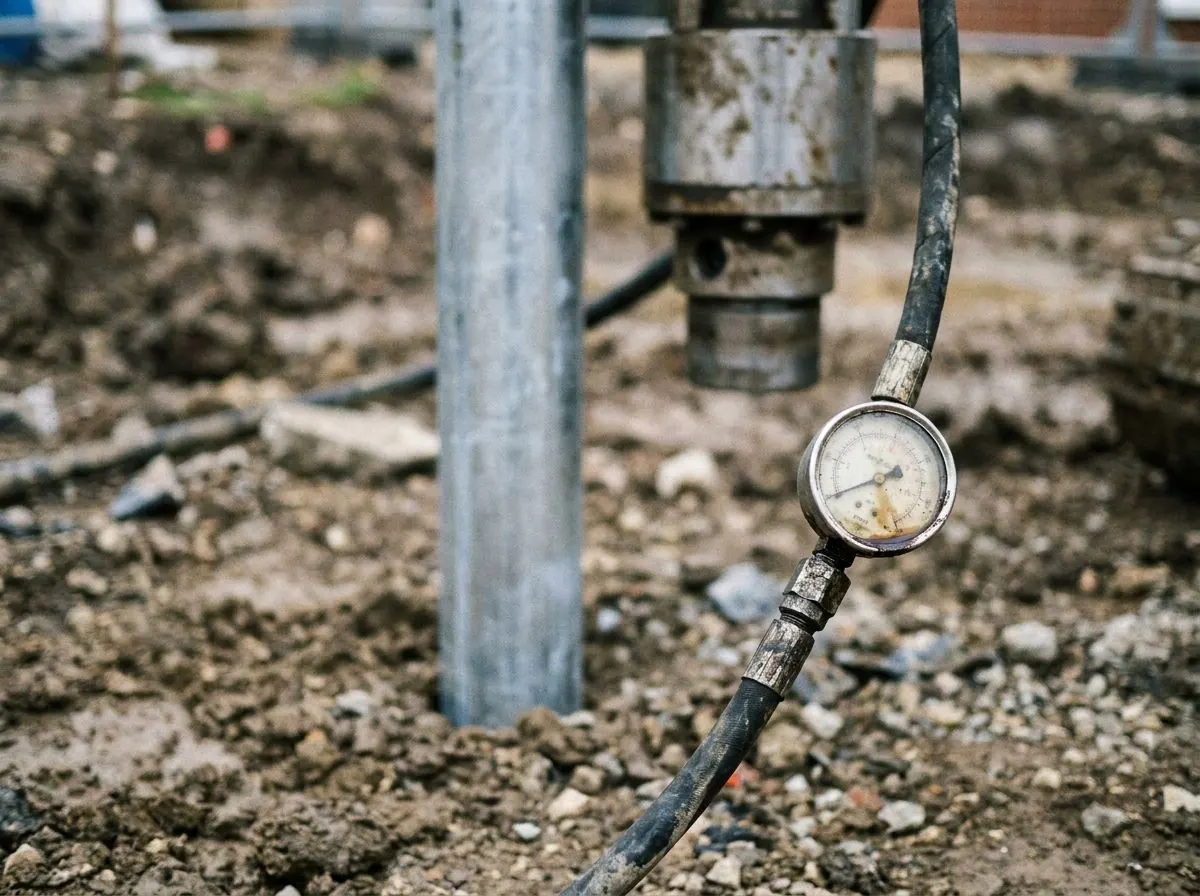 An analogue hydraulic pressure gauge mounted on a drive head line during pile installation.