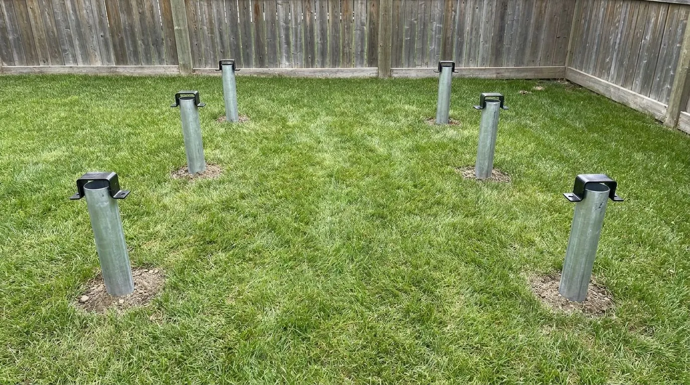 Six galvanized pile heads standing about 2.5 metres apart in two rows across a back lawn, each fitted with a black saddle bracket.