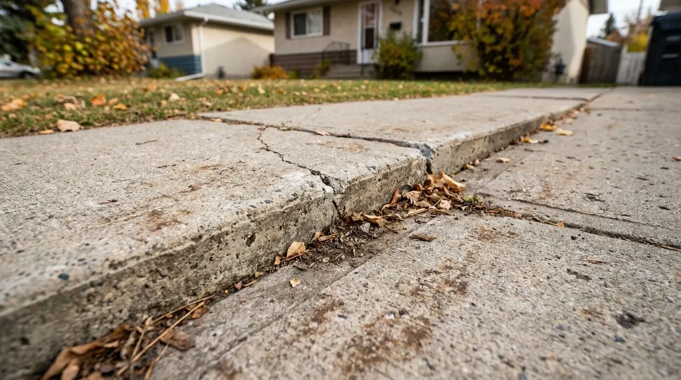 A concrete walkway with a pronounced step where one slab has settled below the next.