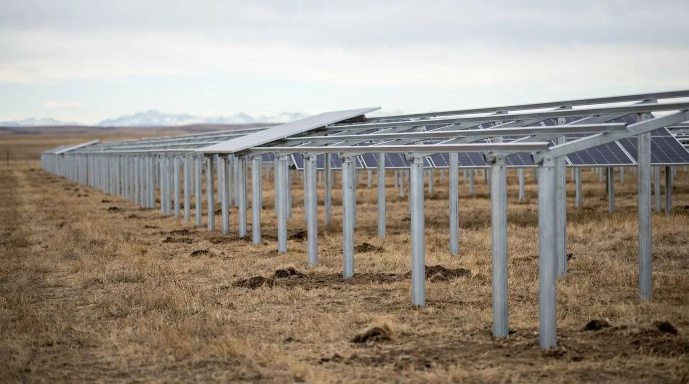 Rows of steel piles supporting the racking of a ground-mounted solar array on Alberta grassland.
