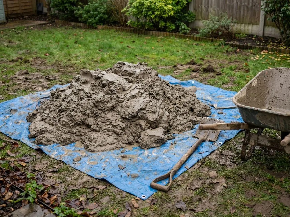 A large heap of wet grey-brown clay spoil piled on a tarp across a residential lawn, with a wheelbarrow and shovel beside it.
