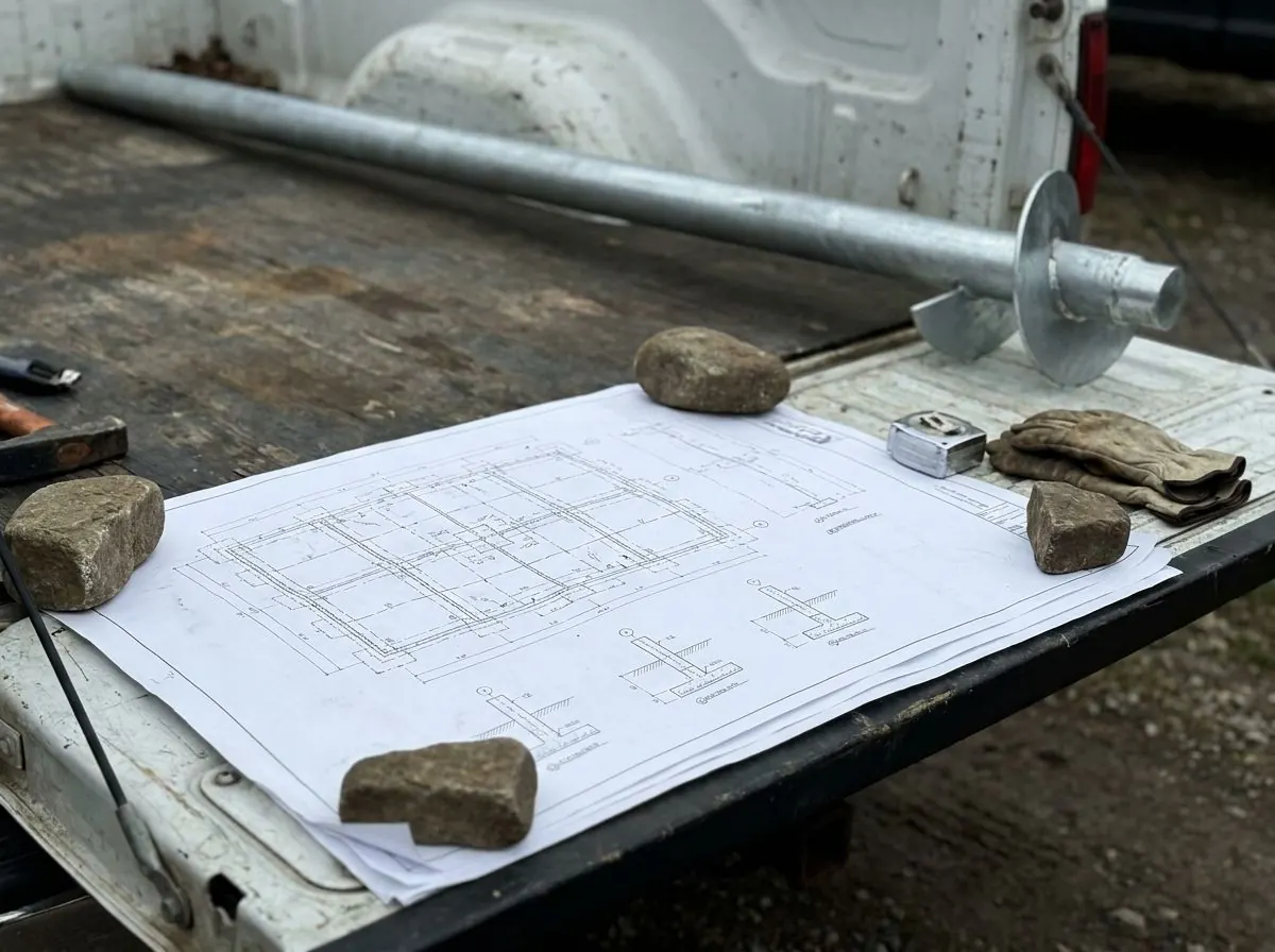 Engineering drawings of a pile foundation layout weighted down on a tailgate at a job site.