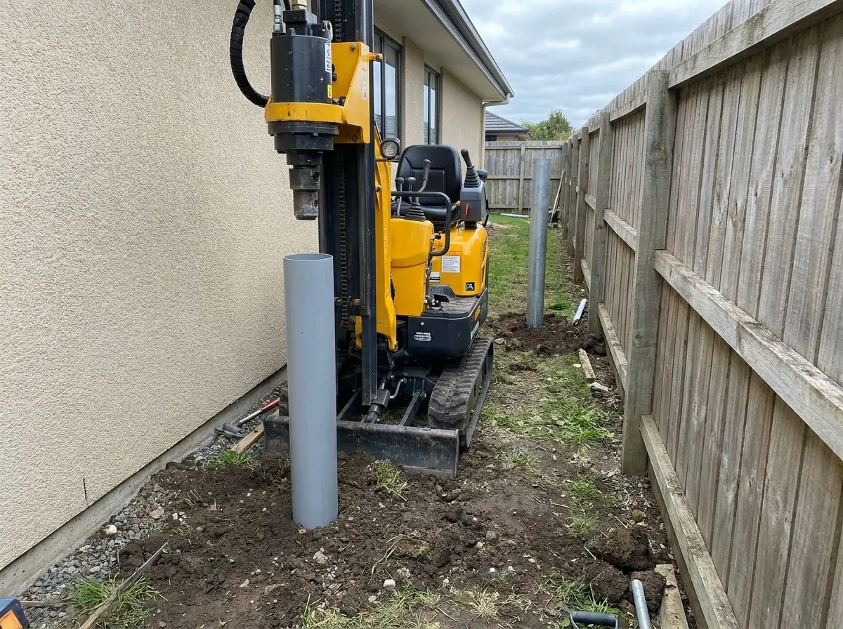 A compact machine drives a steel pile in a narrow gap between an existing house wall and a fence.