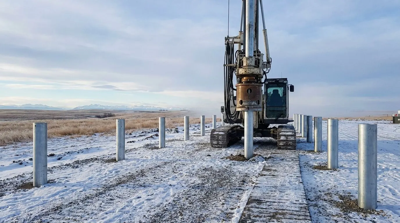 A tracked rig installing steel piles on a snow-covered industrial lease pad in winter.